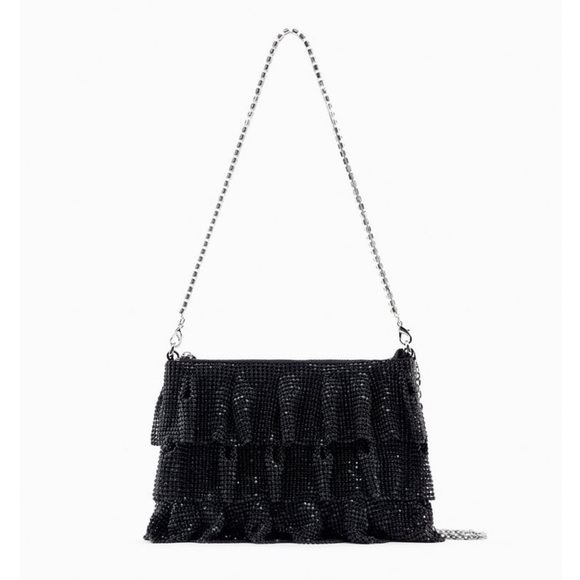 New Zara Black Ruffle Mesh Crossbody Bay With Rhinestone Strap Decor - Picture 1 of 9